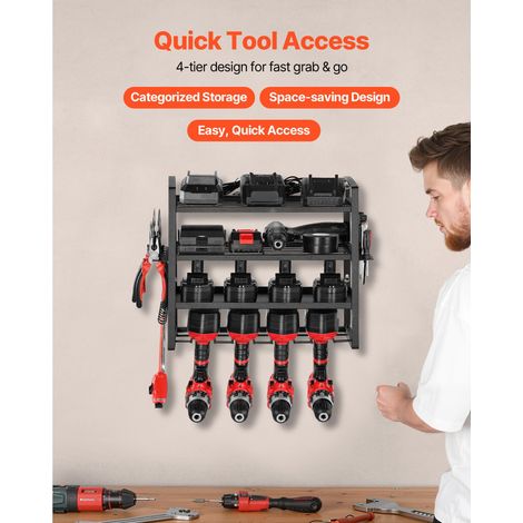 Ranger outils mural, étagère rangement 4 niveaux avec 4 emplacements perceuse, porte-outils et rack avec support tournevis, organisateur garage atelier établi (1/5)