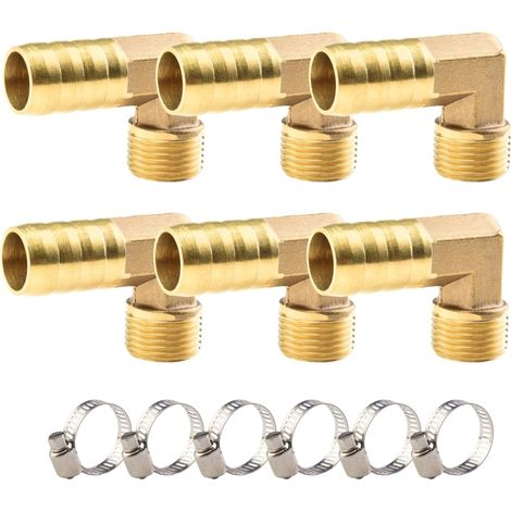 6 pièces Raccord coudé en laiton à 90, Filetage extérieur PT 3/8"x 14 mm raccords coupleur raccord pour tuyau, avec 6 colliers de serrage,convient pour raccorder l'air, l'eau, le carburant (1/5)