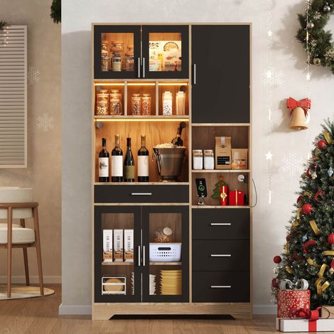 Meuble de rangement vintage style ferme, armoire haute avec vitrine et éclairage LED multicolore, étagères ajustables, prise intégrée, dimension 185×100×40 cm, idéal pour cuisine et salon. (1/5)