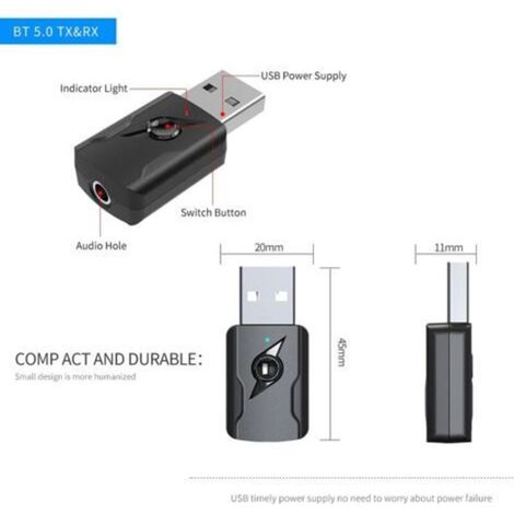 Adaptateur USB Bluetooth 5.0,Clé Bluetooth,Adaptateur Bluetooth Récepteur émetteur Audio 5.0 avec Câble Audio de 3,5 mm pour PC/TV/Voiture/Haut-parleurs/MP3/Système Audio Domestique/Casque (1/4)