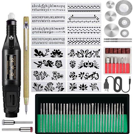 FOREHILL 70-teiliges Set elektrischer Gravierstifte mit Geschwindigkeitsregelung, 70 Stück, Schwarz, Europäischer Standard, Zwei runde Stifte