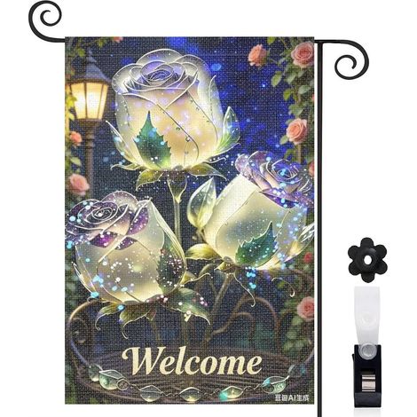 Drapeau vertical palmiers et roses cristallines 30 x 45 cm décoration saisonnière cour (1/4)