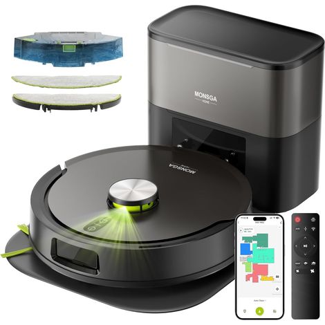 Robot Aspirateur Laveur 4 en 1, Puissance 8000Pa, Navi LDS, 5 Plans Aspirateur Robot avec Tapis Anti-Humidité pour la Station de Vidange, Anti-Enchevêtrement pour Poils d'animaux, APP, Vocal (1/5)