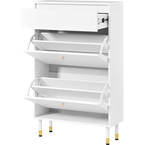 Meuble à chaussures étroit avec tiroir et 2 portes abattantes en MDF blanc 65 x 24 x 104 cm (1/5)