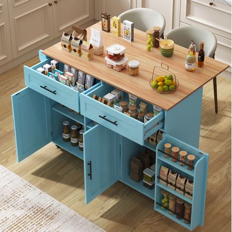 Buffet mobile 129/71/91,5 cm bleu avec plateau rabattable et grand rangement (1/5)