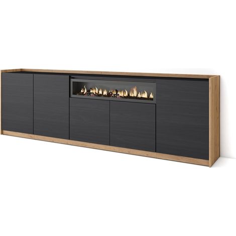 Skraut Home - Aparadores para salón, 260x37x80cm, 5 Puertas, Chimenea eléctrica, Negro y roble (1/5)