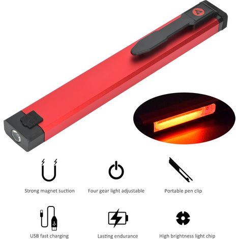 Lampe de travail rechargeable USB pour l'entretien automobile, éclairage extérieur, camping, lampe de tente LED magnétique d'urgence WL03, modèle long, 500 mAh, avec clip stylo (1/5)