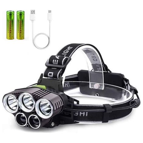 Linterna frontal recargable USB TYC con 6 modos, 2 baterías de alto rendimiento, resistente al agua, ideal para acampar, hacer senderismo, ciclismo, pescar y correr.