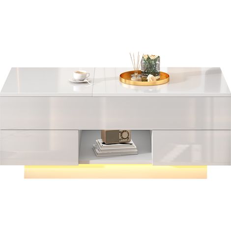 Table basse relevable 100x45x43 cm avec 2 tiroirs, table d’appoint brillante avec LED, table canapé, table à café, table de salon avec rangement caché, blanc, panneau de particules (1/5)