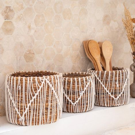 Petit Panier en Jonc de Mer Tressé Cache-Pot Rond pour Plantes et Fleurs Style Bohème - PANGIVO