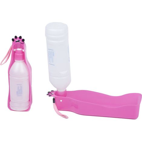 Bouteille d'eau pour chien avec dragonne, gamelle intégrée et sangle de maintien - Rose 35 cl (1/5)