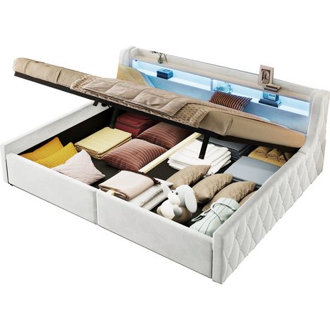 CHICFURN Lit coffre 140x200 en velours beige avec tête de lit LED multicolore, rangement hydraulique et cadre rembourré, idéal pour chambre adulte ou ado (1/5)