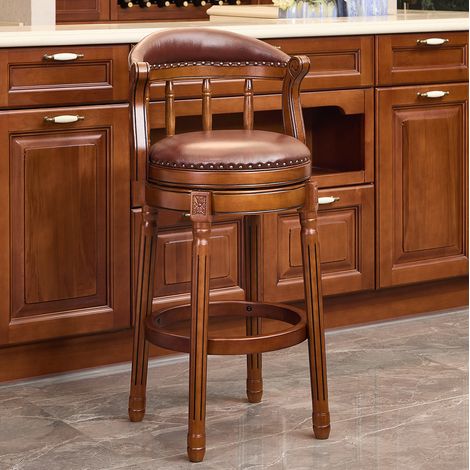 Tabouret de bar pivotant 360° avec dossier, siège en cuir et structure en bois, marron, 96 cm, REDOM (1/5)