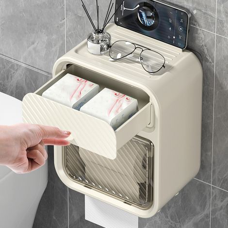 Porte-Papier Hygienique Mural Etanche Tiroir Crème Salle Bain (1/5)