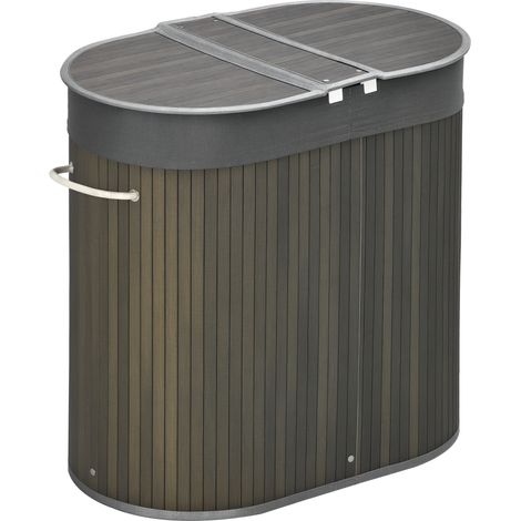 Bamboo Laundry Basket with Lid, 100 Litres Laundry Hamper with 2 Sections, Removable Washable Lining, Washing Baskets, 62.5 x 37 x 60.5cm, Grey