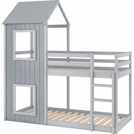 Litera infantil estilo casita 90 x 200 cm gris de pino y MDF con escalera y techo (1/5)