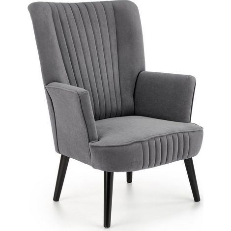 Fauteuil contemporain en velours gris avec haut dossier et pieds noirs en bois massif CYRUS (1/5)
