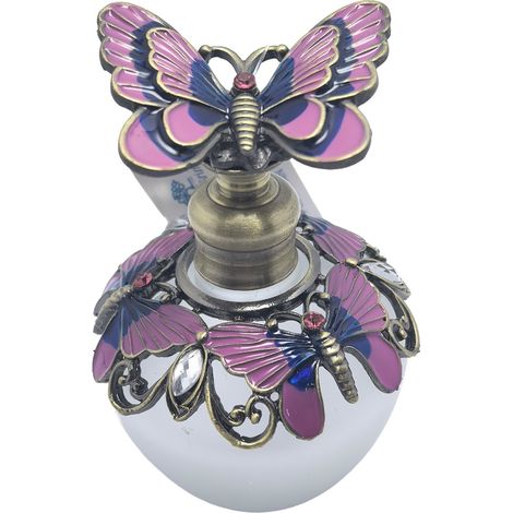 Flacone di profumo a forma di farfalla in metallo e vetro, design elegante e colorato