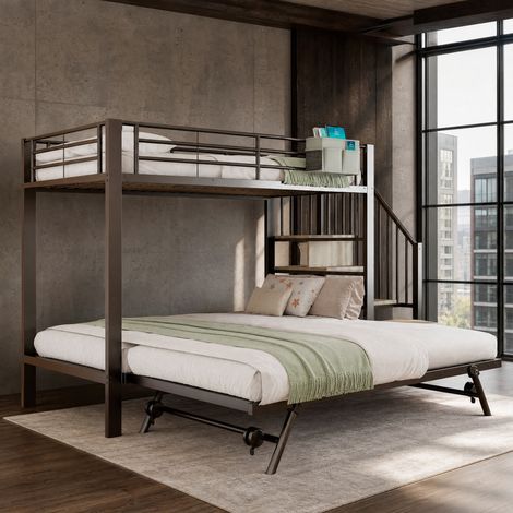 Lit superposé enfant 90x200 cm métal noir, lit gigogne avec rangement, sans matelas - CHICFURN (1/5)