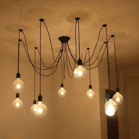 Lustre Suspension Araignee E27 Douille Rétro Industriel abat-jour Noir, DIY Ajustable Longueur avec 1.5m Fil, 8 bras (pas d'ampoule) (1/4)