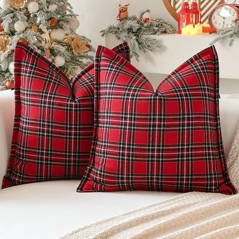 Housses de Coussin de Noël à Carreaux Écossais, Décoratif Plaid Tartan Housse pour Décoration Canapé, Chambre Coucher, Salon 40x40cm (Rouge) (1/5)