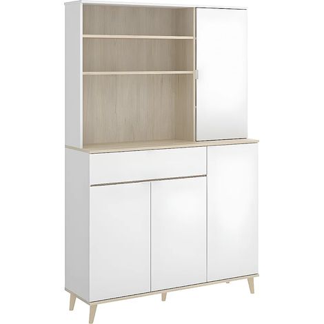 Buffet de cuisine WAJDI - 4 portes, 1 tiroir et 3 niches - Blanc et chêne (1/5)