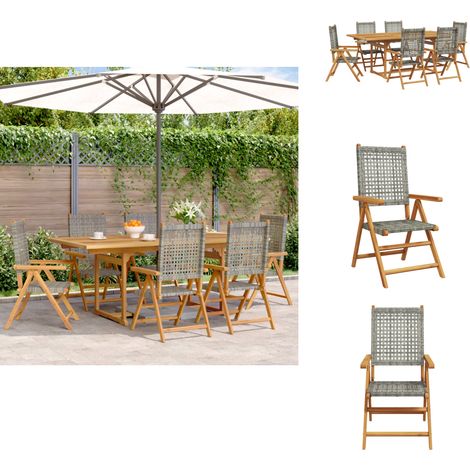 Ensemble à manger de jardin 7 pcs gris rotin et bois massif - Salon De Jardin - Mobilier De Jardin - Set De Table Extérieur - Chaise Pliante - Acacia Massif (1/5)