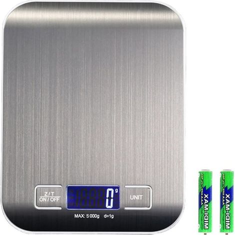 Balance de cuisine électronique portable en acier inoxydable, balance de table, balance alimentaire (pile argentée 5 kg/1 g)-AquaForge (1/5)