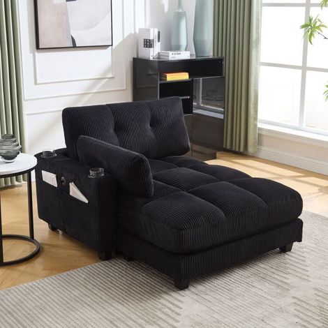 Canapé, tissu velours rayé Canapé salon, accoudoirs réversibles, têtières réglables, porte-gobelets, ports USB (1/5)