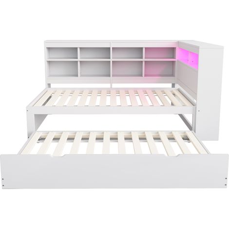 Lit banquette 90x200 blanc, lit gigogne en bois massif avec éclairage LED et port USB, canapé-lit multifonction avec rangements intégrés. (1/5)