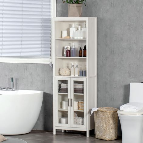 Colonne de salle de bain avec 2 portes vitrées et 3 étagères, meuble d'appoint de style moderne, 53 x 30 x 162 cm, blanc