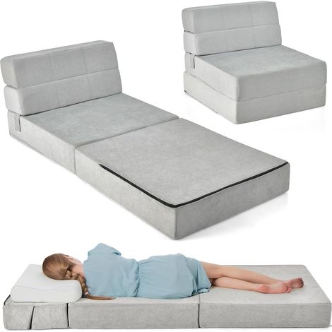 Goplus – Canapé-lit convertible 1 place 3 en 1 – Housse amovible en tissu floqué – Mousse haute densité – Dimensions 71x190x15cm – Gris - 71x190x15CM-3 (1/5)