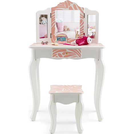 COSTWAY 2 in 1 Toeletta Trucco con Sgabello per Bambini, Tavolo da Trucco con Cassetto con 3 Specchi Pieghevole, Specchio Rimovibile, 3 Anni + (1/5)