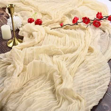 Set mit 2 elfenbeinfarbenen Etamin-Tischläufern, 90 x 300 cm aus hellbeigem, rustikalem Gaze-Stoff, Tischdekoration für Hochzeiten, Feiern und Brautpartys (1/4)