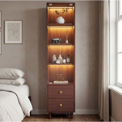 Mobile vetrina con illuminazione LED, anta in vetro e 2 cassetti, 165 x 40 x 35 cm, marrone DESVIAE (1/5)