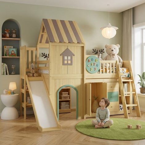 Cama alta infantil con tobogán (248.5x177.5x212 cm), diseño de casa, escalera de 3 peldaños, MDF y madera, natural y verde (1/5)