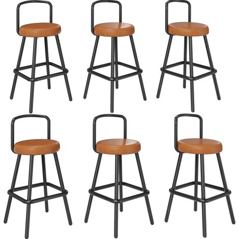 Juego de 6 taburetes de bar con respaldo, PU impermeable y patas de hierro, marrón (1/5)