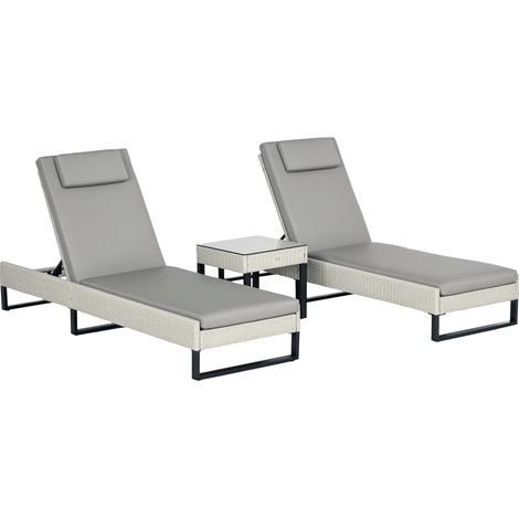 Outsunny Rattan Sun Lounger Set w/ Cushions, 5-Level Chaise Lounge Chairs Grey (1/5)