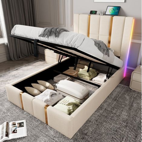 Lit coffre tapissé 90/200 cm beige en lin avec LED, ports USB et matelas (1/5)