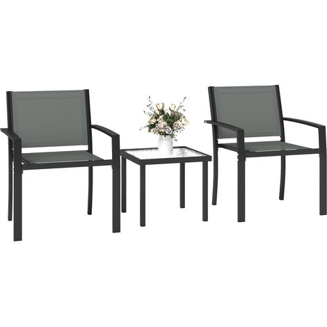 Ensemble table et chaises de patio 3 pièces avec 2 chaises en textilène et table en verre trempé gris clair (1/5)