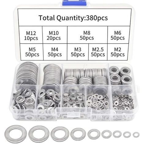Lot de 380 rondelles en acier inoxydable - Assortiment de rondelles plates M2-M12 - Rondelles de sécurité pour charnières de porte - Joints de vidange d'huile pour réparation hydraulique (1/5)