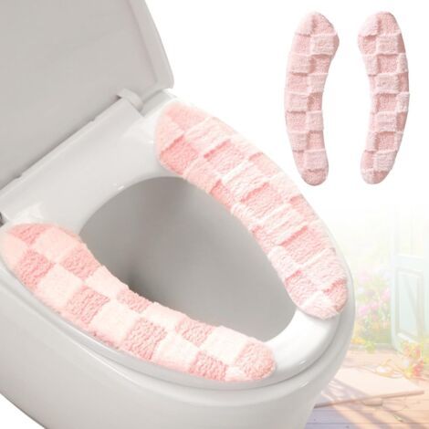 QORVA-1 paire Housse de siège de toilette épaisse et chaude en peluche – Coussin lavable et réutilisable avec motif à carreaux (rose) (1/5)