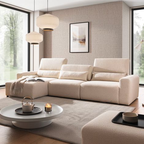 Canapé d'angle gauche 3 places modulable têtières relevables Velano Beige (1/5)