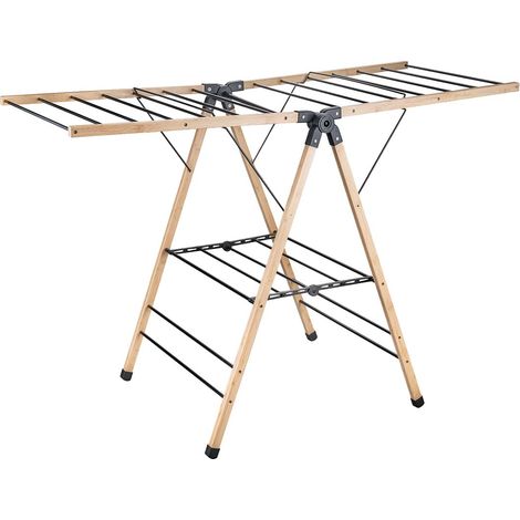 Étendoir Pliable à Ailes Mod. Aeria NaturDry - Acier époxy et Bambou - Séchoir à Linge Pliable - Montage et Pliage faciles - 13 m d’Espace d’étendage - 137x62x92 cm - Couleur Noir/Bambou (1/5)