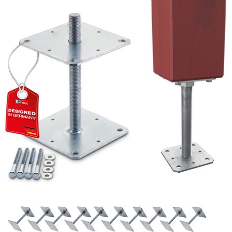 SOTECH Pfostenbeschlag Stützträger Gewinde M24 Stahl feuerverzinkt höhenverstellbar zum Aufschrauben, witterungsbeständig, 160 x 160 x 250 mm - 10 Stück