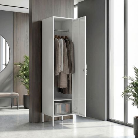 Armoire métallique avec porte verrouillable. Porte-étiquette et tringle à vêtements. 40 x 40 x 179 cm. Blanche.