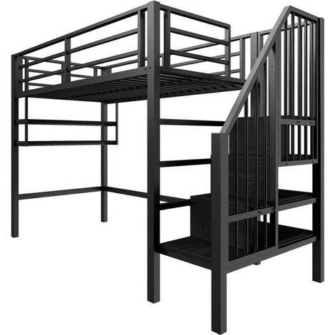Lit mezzanine 90x200 cm - Noir - Étagères intégrées - Échelle de rangement - Barrière de sécurité (1/5)