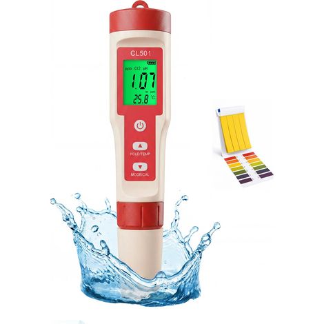 Testeur Chlore Piscine Portatif Testeur Qualité eau 5 1 Numérique Testeur pH Cl2 ORP H2 Thermomètre Meter Bandelettes Test pH (1/5)