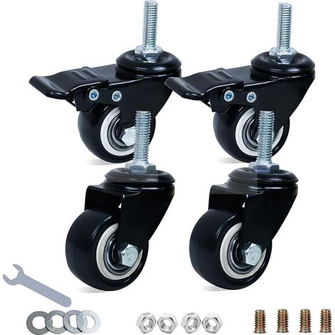 Lot de 4 roulettes pour meubles pour charges lourdes de 40 mm (2 avec frein), roulettes pivotantes avec vis, roulettes de transport en polyuréthane (PU) sans bruit avec revêtement en (1/5)