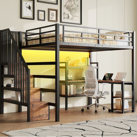 Lit mezzanine moderne en métal noir 140x200 cm avec escalier rangement, bureau intégré, étagères, LED et USB